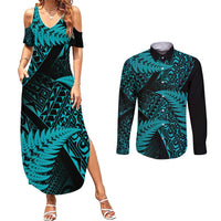 New Zealand Rugby Pacific Personalised Couples Matching Summer Maxi Dress and Long Sleeve Button Shirt All Turquoise Maori Pasifika Fern Pattern
