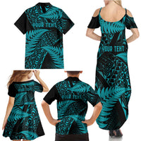 New Zealand Rugby Pacific Personalised Family Matching Summer Maxi Dress and Hawaiian Shirt All Turquoise Maori Pasifika Fern Pattern