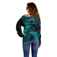 New Zealand Rugby Pacific Personalised Off Shoulder Sweater All Turquoise Maori Pasifika Fern Pattern