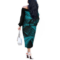 New Zealand Rugby Pacific Personalised Off The Shoulder Long Sleeve Dress All Turquoise Maori Pasifika Fern Pattern