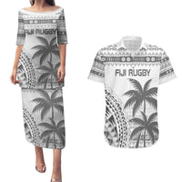 Custom Fiji Rugby Couples Matching Puletasi and Hawaiian Shirt Polynesian Fijian Masi Palm Tree