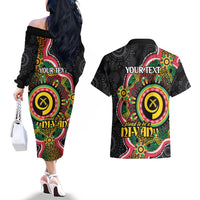 Vanuatu Personalised Couples Matching Off The Shoulder Long Sleeve Dress and Hawaiian Shirt Aboriginal Dot Paitnting - Polynesian Pride
