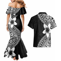 Lotu Tamaiti White Sunday Couples Matching Mermaid Dress and Hawaiian Shirt Pacific Plumeria Flowers - Black Version