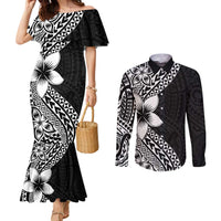 Lotu Tamaiti White Sunday Couples Matching Mermaid Dress and Long Sleeve Button Shirt Pacific Plumeria Flowers - Black Version