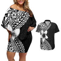 Lotu Tamaiti White Sunday Couples Matching Off Shoulder Short Dress and Hawaiian Shirt Pacific Plumeria Flowers - Black Version