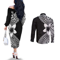 Lotu Tamaiti White Sunday Couples Matching Off The Shoulder Long Sleeve Dress and Long Sleeve Button Shirt Pacific Plumeria Flowers - Black Version