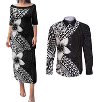 Lotu Tamaiti White Sunday Couples Matching Puletasi and Long Sleeve Button Shirt Pacific Plumeria Flowers - Black Version