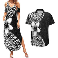 Lotu Tamaiti White Sunday Couples Matching Summer Maxi Dress and Hawaiian Shirt Pacific Plumeria Flowers - Black Version