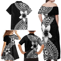 Lotu Tamaiti White Sunday Family Matching Off Shoulder Maxi Dress and Hawaiian Shirt Pacific Plumeria Flowers - Black Version