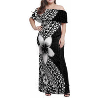 Lotu Tamaiti White Sunday Family Matching Off Shoulder Maxi Dress and Hawaiian Shirt Pacific Plumeria Flowers - Black Version