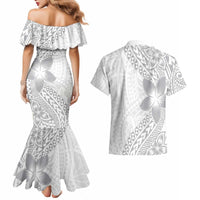 Lotu Tamaiti White Sunday Couples Matching Mermaid Dress and Hawaiian Shirt Pacific Plumeria Flowers - White Version