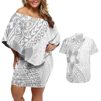 Lotu Tamaiti White Sunday Couples Matching Off Shoulder Short Dress and Hawaiian Shirt Pacific Plumeria Flowers - White Version
