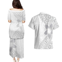 Lotu Tamaiti White Sunday Couples Matching Puletasi and Hawaiian Shirt Pacific Plumeria Flowers - White Version
