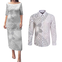 Lotu Tamaiti White Sunday Couples Matching Puletasi and Long Sleeve Button Shirt Pacific Plumeria Flowers - White Version
