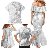 Lotu Tamaiti White Sunday Family Matching Mermaid Dress and Hawaiian Shirt Pacific Plumeria Flowers - White Version