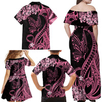 Personalised Polynesian Floral Butterfly Family Matching Off Shoulder Long Sleeve Dress and Hawaiian Shirt Breast Cancer Pink Ribbon LT9 - Polynesian Pride