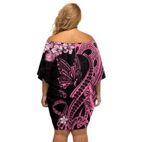 Personalised Polynesian Floral Butterfly Off Shoulder Short Dress Breast Cancer Pink Ribbon LT9 - Polynesian Pride