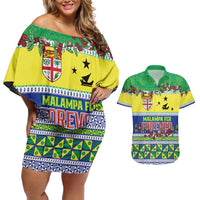 Personalised Malampa Fiji Forever Couples Matching Off Shoulder Short Dress and Hawaiian Shirt Tagimoucia Polynesian Sand Drawing - Polynesian Pride