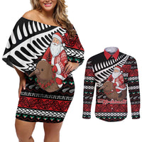New Zealand Kiwi Santa Christmas Couples Matching Off Shoulder Short Dress and Long Sleeve Button Shirt He Wairua Kirihimete - Polynesian Pride
