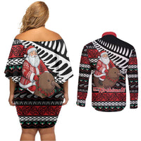 New Zealand Kiwi Santa Christmas Couples Matching Off Shoulder Short Dress and Long Sleeve Button Shirt He Wairua Kirihimete - Polynesian Pride