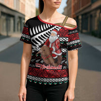New Zealand Kiwi Santa Christmas Cross Shoulder Shirt He Wairua Kirihimete - Polynesian Pride