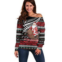 New Zealand Kiwi Santa Christmas Off Shoulder Sweater He Wairua Kirihimete - Polynesian Pride