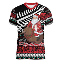New Zealand Kiwi Santa Christmas Women V-Neck T-Shirt He Wairua Kirihimete - Polynesian Pride