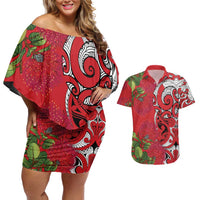 Personalised New Zealand Koru Pohutukawa Couples Matching Off Shoulder Short Dress and Hawaiian Shirt Meri Kirihimete Aroha for Christmas - Polynesian Pride