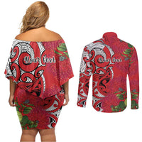 Personalised New Zealand Koru Pohutukawa Couples Matching Off Shoulder Short Dress and Long Sleeve Button Shirt Meri Kirihimete Aroha for Christmas - Polynesian Pride