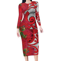 Personalised New Zealand Koru Pohutukawa Family Matching Long Sleeve Bodycon Dress and Hawaiian Shirt Meri Kirihimete Aroha for Christmas - Polynesian Pride
