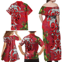 Personalised New Zealand Koru Pohutukawa Family Matching Off Shoulder Maxi Dress and Hawaiian Shirt Meri Kirihimete Aroha for Christmas - Polynesian Pride
