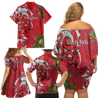 Personalised New Zealand Koru Pohutukawa Family Matching Off Shoulder Short Dress and Hawaiian Shirt Meri Kirihimete Aroha for Christmas - Polynesian Pride