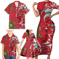 Personalised New Zealand Koru Pohutukawa Family Matching Short Sleeve Bodycon Dress and Hawaiian Shirt Meri Kirihimete Aroha for Christmas - Polynesian Pride