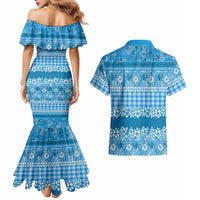 Hawaiian Hibiscus Honu Couples Matching Mermaid Dress and Hawaiian Shirt Blue Mele Kalikimaka Palaka Spirit - Polynesian Pride