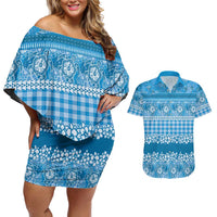 Hawaiian Hibiscus Honu Couples Matching Off Shoulder Short Dress and Hawaiian Shirt Blue Mele Kalikimaka Palaka Spirit - Polynesian Pride