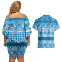 Hawaiian Hibiscus Honu Couples Matching Off Shoulder Short Dress and Hawaiian Shirt Blue Mele Kalikimaka Palaka Spirit - Polynesian Pride
