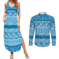 Hawaiian Hibiscus Honu Couples Matching Summer Maxi Dress and Long Sleeve Button Shirt Blue Mele Kalikimaka Palaka Spirit - Polynesian Pride