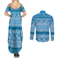 Hawaiian Hibiscus Honu Couples Matching Summer Maxi Dress and Long Sleeve Button Shirt Blue Mele Kalikimaka Palaka Spirit - Polynesian Pride