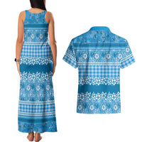 Hawaiian Hibiscus Honu Couples Matching Tank Maxi Dress and Hawaiian Shirt Blue Mele Kalikimaka Palaka Spirit - Polynesian Pride