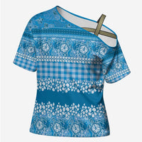 Hawaiian Hibiscus Honu Cross Shoulder Shirt Blue Mele Kalikimaka Palaka Spirit LT9 Female Blue - Polynesian Pride