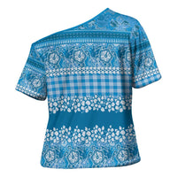 Hawaiian Hibiscus Honu Cross Shoulder Shirt Blue Mele Kalikimaka Palaka Spirit LT9 - Polynesian Pride