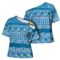 Hawaiian Hibiscus Honu Cross Shoulder Shirt Blue Mele Kalikimaka Palaka Spirit LT9 - Polynesian Pride