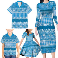Hawaiian Hibiscus Honu Family Matching Long Sleeve Bodycon Dress and Hawaiian Shirt Blue Mele Kalikimaka Palaka Spirit - Polynesian Pride
