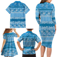 Hawaiian Hibiscus Honu Family Matching Long Sleeve Bodycon Dress and Hawaiian Shirt Blue Mele Kalikimaka Palaka Spirit - Polynesian Pride