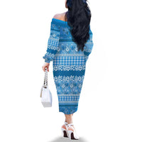 Hawaiian Hibiscus Honu Family Matching Off The Shoulder Long Sleeve Dress and Hawaiian Shirt Blue Mele Kalikimaka Palaka Spirit - Polynesian Pride