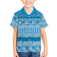 Hawaiian Hibiscus Honu Family Matching Off The Shoulder Long Sleeve Dress and Hawaiian Shirt Blue Mele Kalikimaka Palaka Spirit - Polynesian Pride