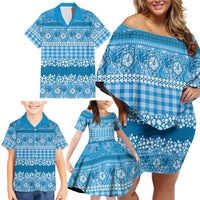 Hawaiian Hibiscus Honu Family Matching Off Shoulder Short Dress and Hawaiian Shirt Blue Mele Kalikimaka Palaka Spirit - Polynesian Pride