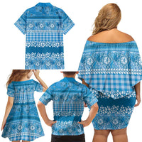 Hawaiian Hibiscus Honu Family Matching Off Shoulder Short Dress and Hawaiian Shirt Blue Mele Kalikimaka Palaka Spirit - Polynesian Pride