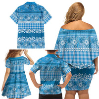 Hawaiian Hibiscus Honu Family Matching Off Shoulder Short Dress and Hawaiian Shirt Blue Mele Kalikimaka Palaka Spirit - Polynesian Pride