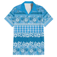 Hawaiian Hibiscus Honu Family Matching Off Shoulder Short Dress and Hawaiian Shirt Blue Mele Kalikimaka Palaka Spirit - Polynesian Pride